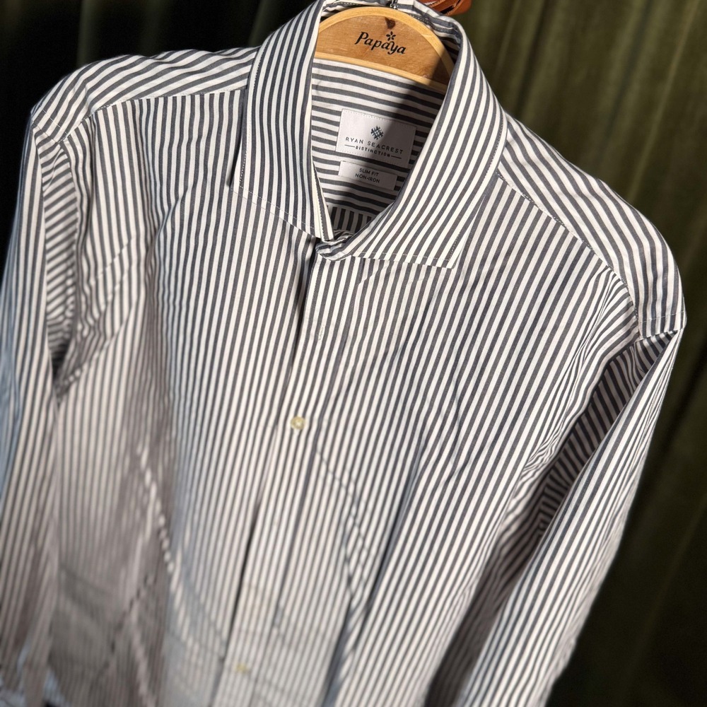Ryan Seacrest Distinction Mens Slim Fit Striped Dress Shirt Navy White 16 32/33